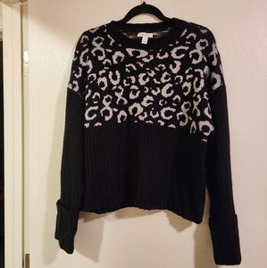 Nine West Women's Sweater Black Turtleneck Pullover Leopard Knit Size Large